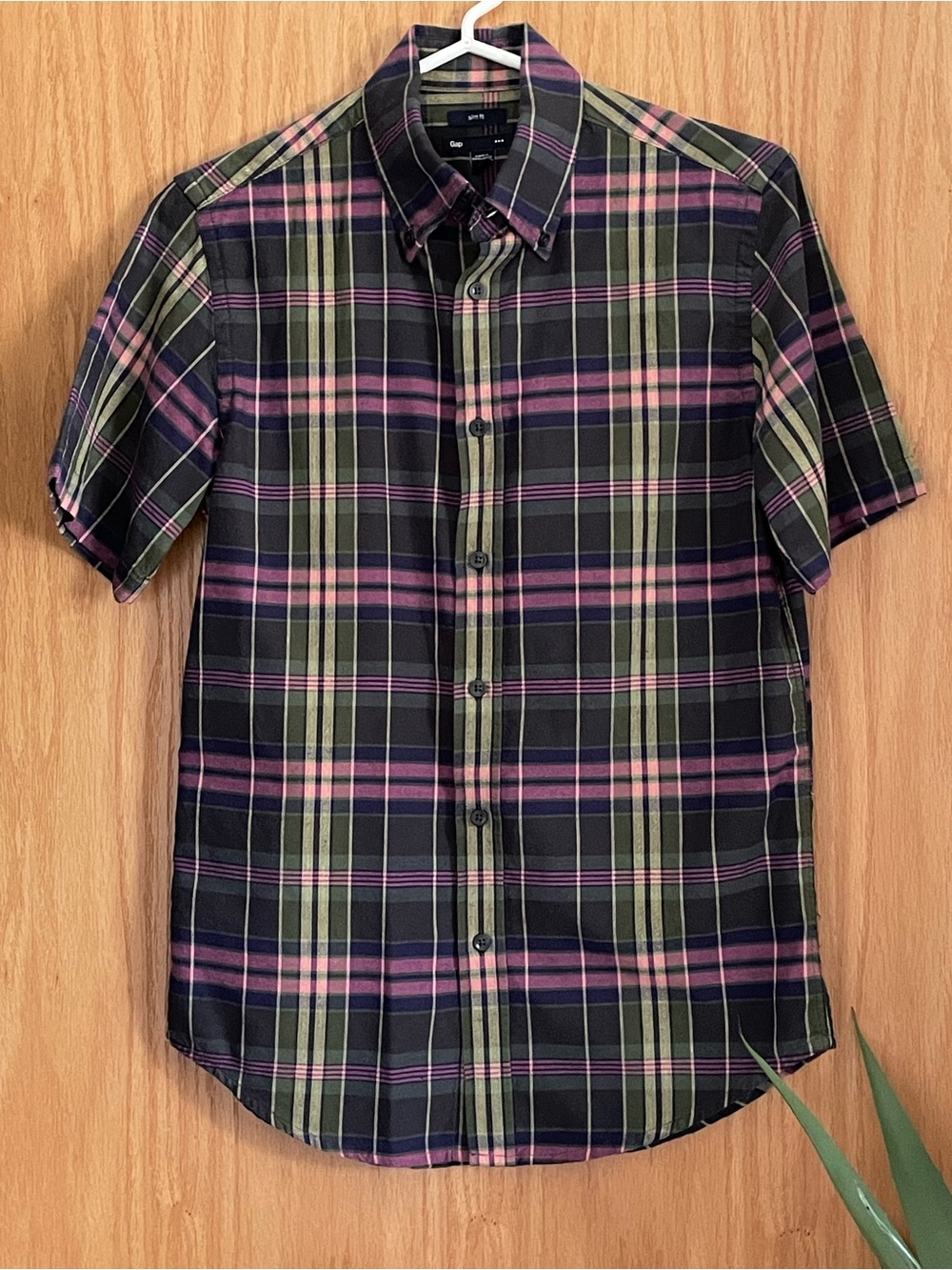 GAP Short-Sleeve Plaid Button-Down Shirt - Black, Olive & Pink